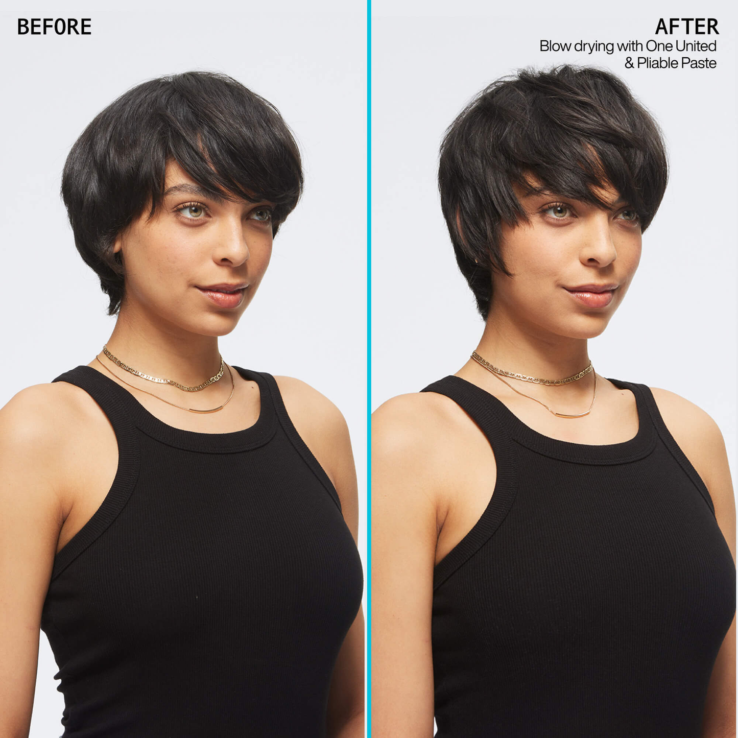 Before and after comparison of a woman's hairstyle with text indicating product use.