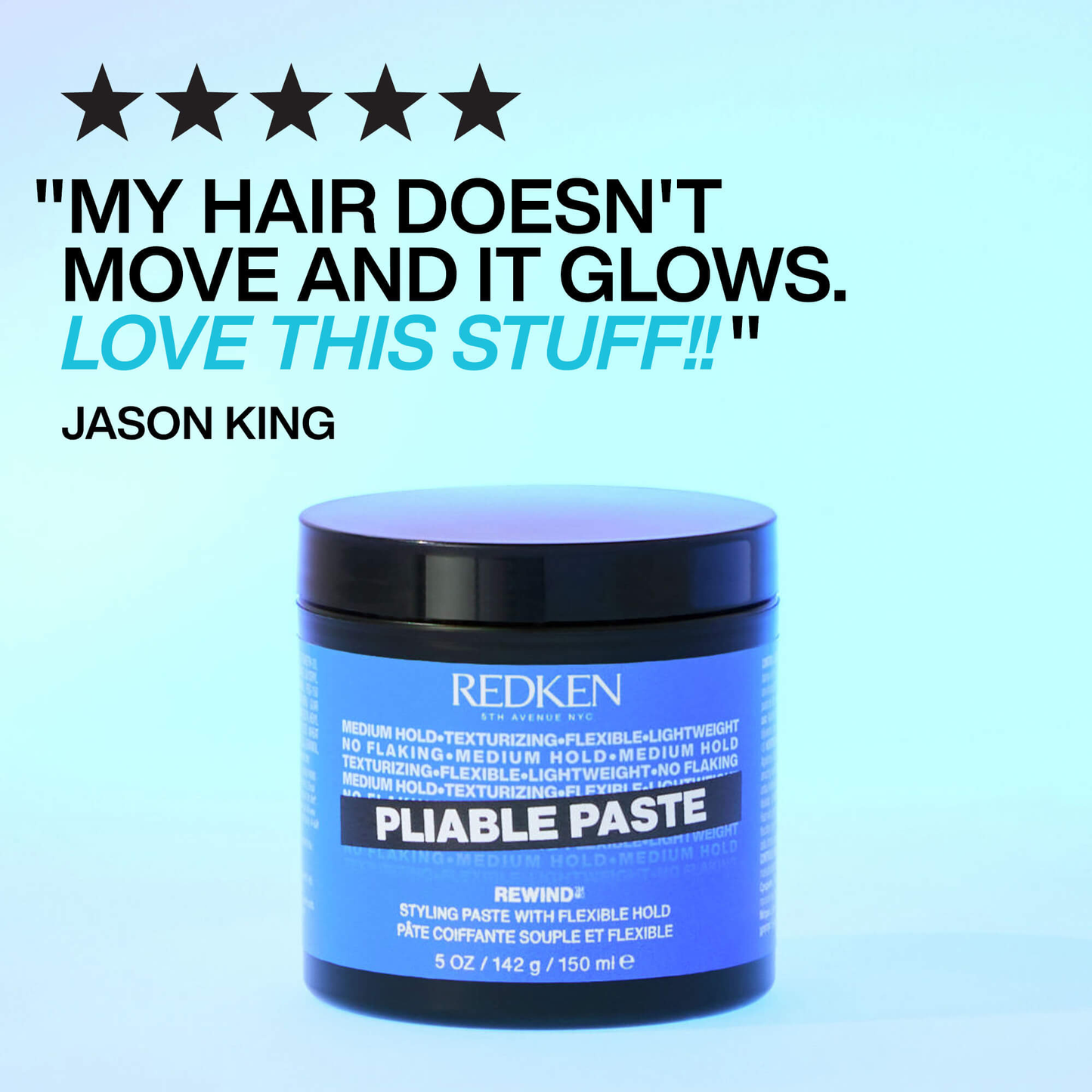 Blue jar of Redken Pliable Paste with customer review text on a light blue background