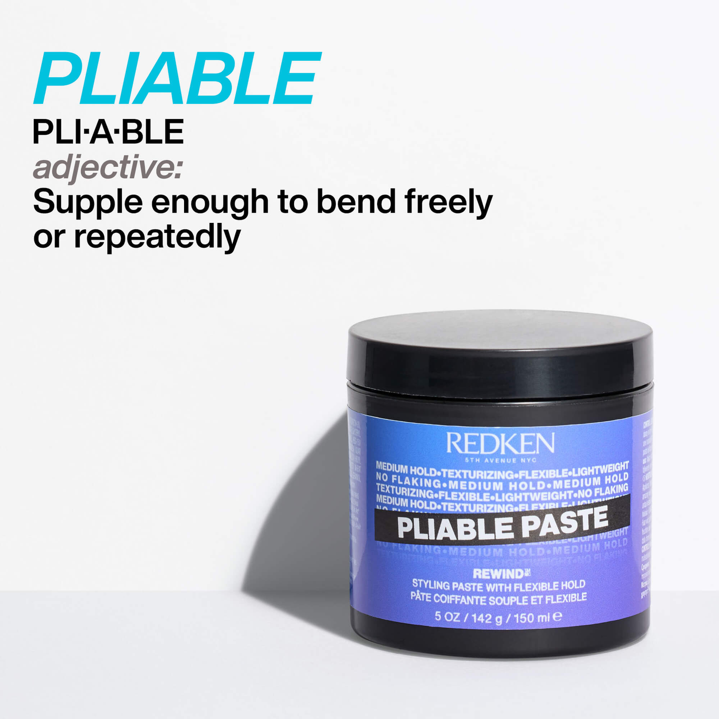 Redken Pliable Paste jar with definition of 'pliable' on a white background