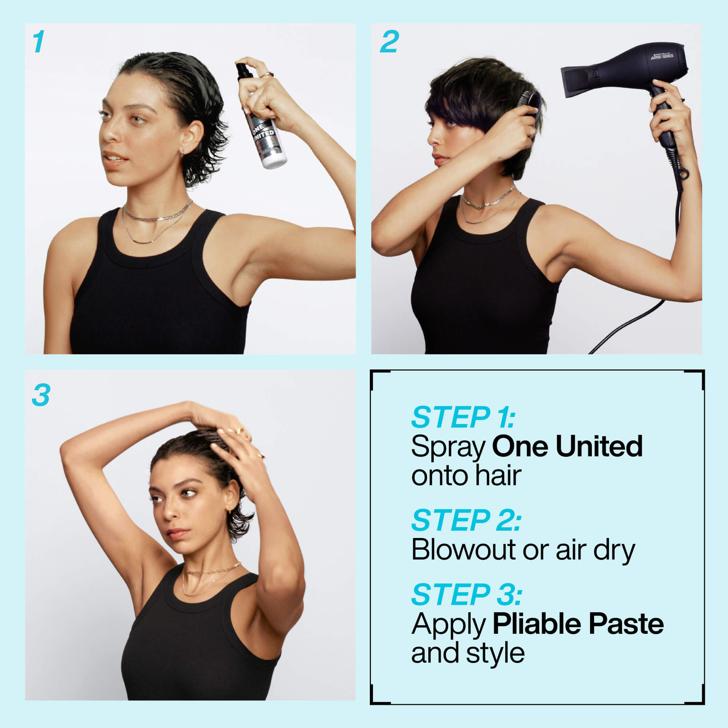 Step-by-step guide on styling hair with spray and paste, featuring a woman in a black tank top.