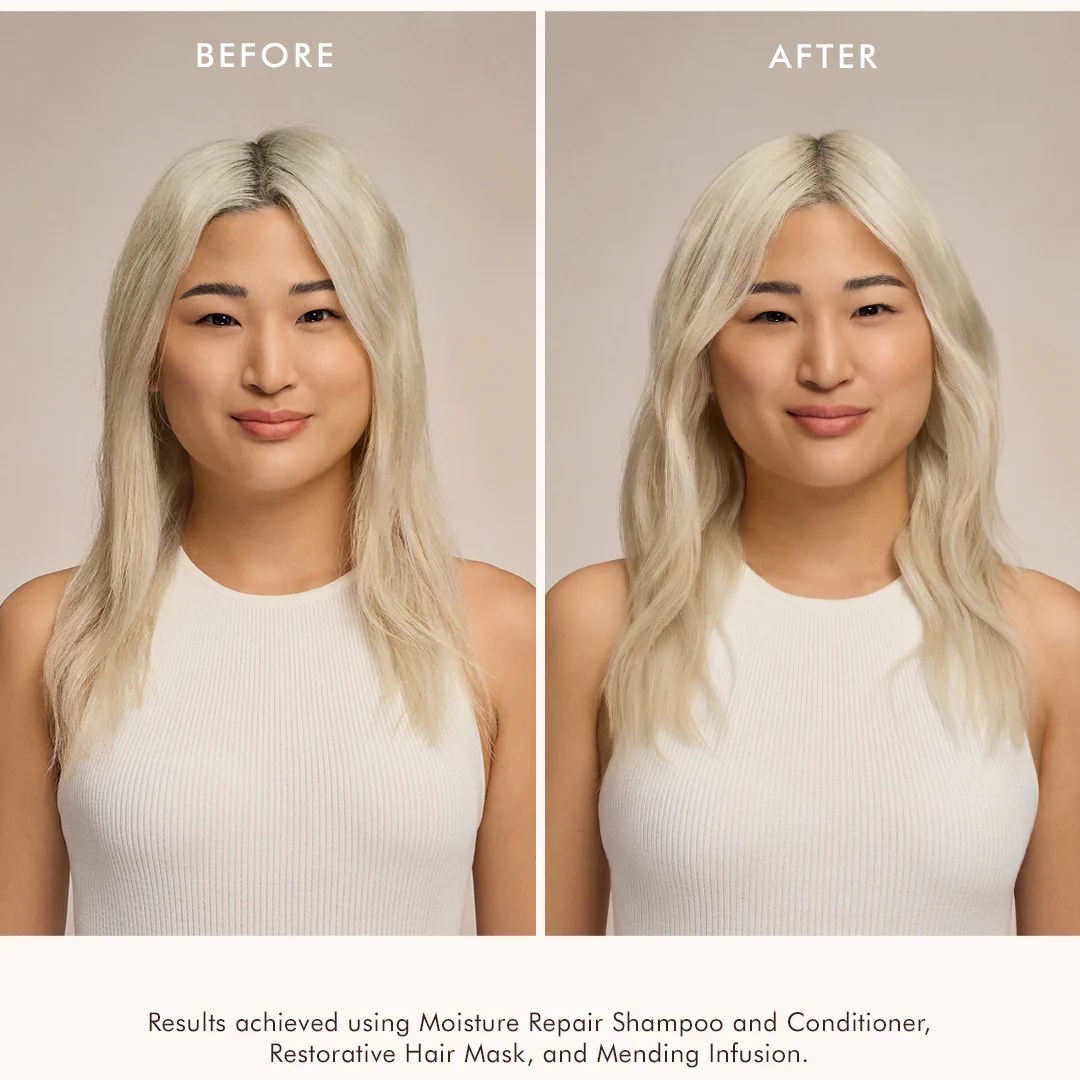 Before and after comparison of a woman's hair with text indicating product usage.