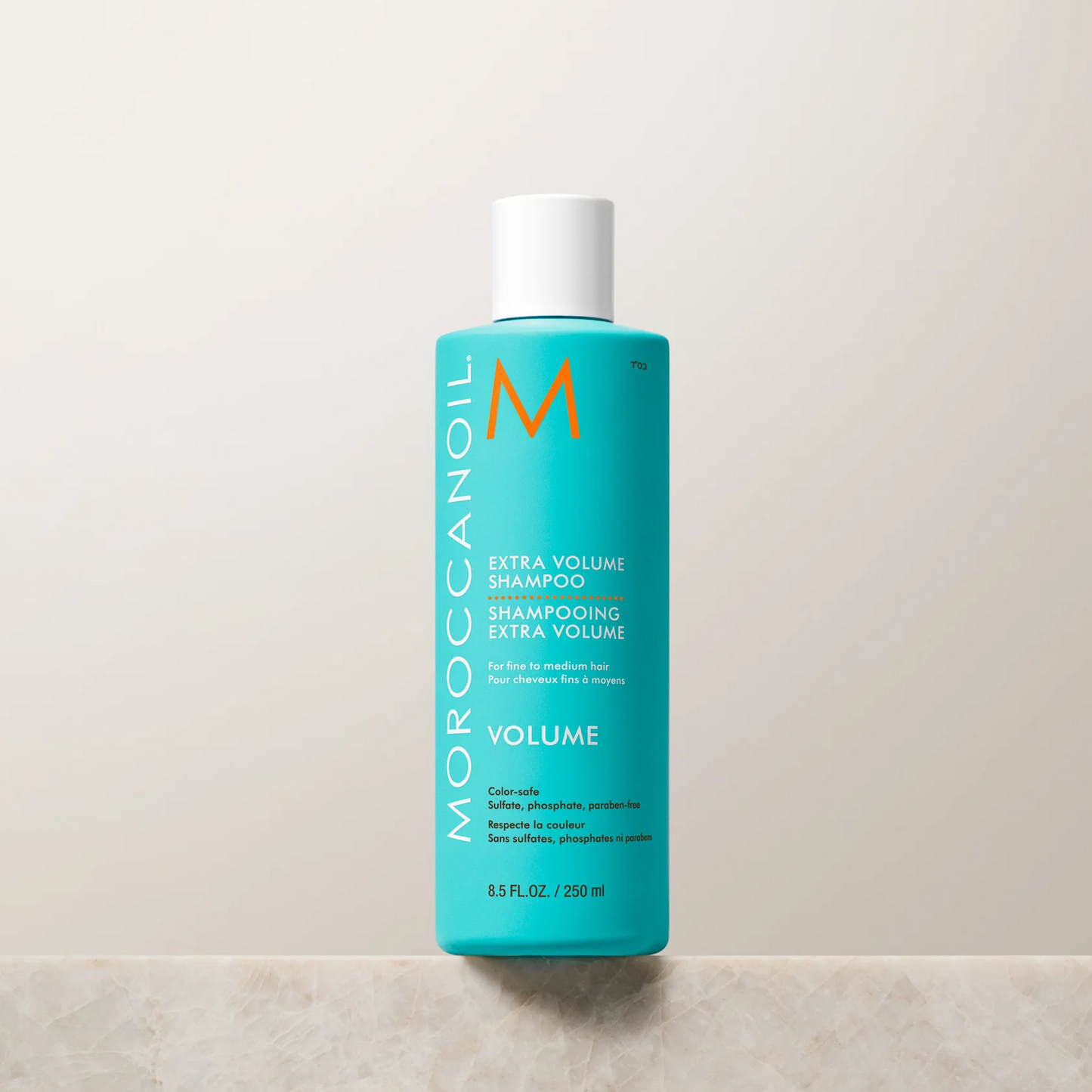Moroccanoil shampoo bottle on a light background