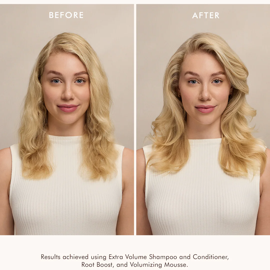 Before and after comparison of a woman's hair using Extra Volume Shampoo and Conditioner, Root Boost, and Volumizing Mousse.