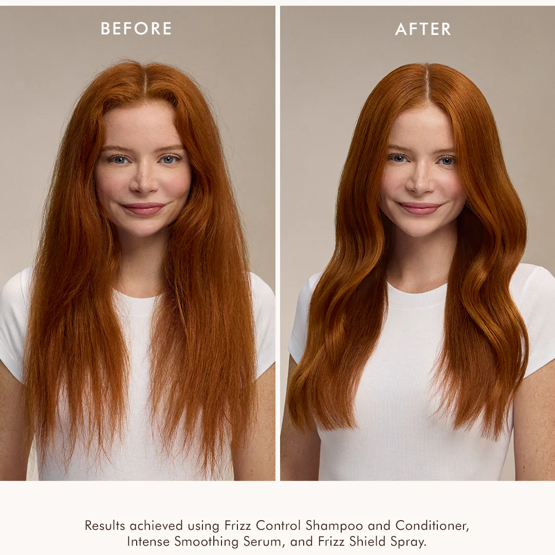 Before and after comparison of hair using Frizz Control Shampoo and Conditioner, Intense Smoothing Serum, and Frizz Shield Spray.