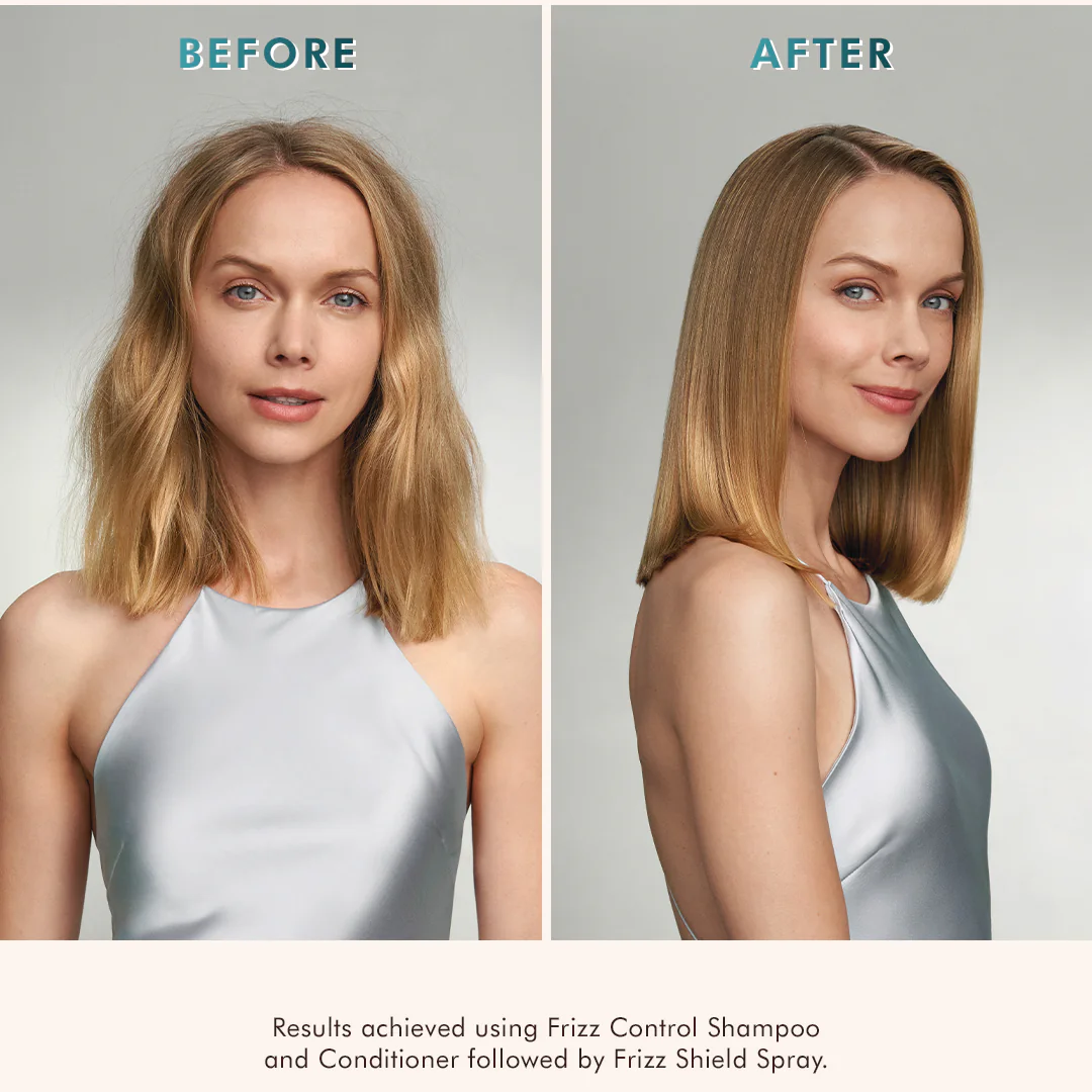 Before and after comparison of a woman's hair using Frizz Control Shampoo and Conditioner followed by Frizz Shield Spray.