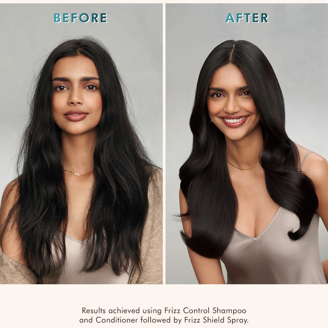 Before and after comparison of hair using Frizz Control Shampoo and Conditioner followed by Frizz Shield Spray.
