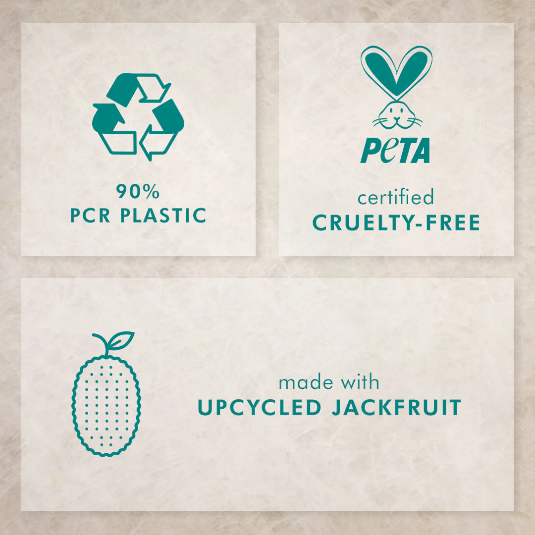 Certification logos for PCR plastic, cruelty-free, and upcycled jackfruit on a textured background.