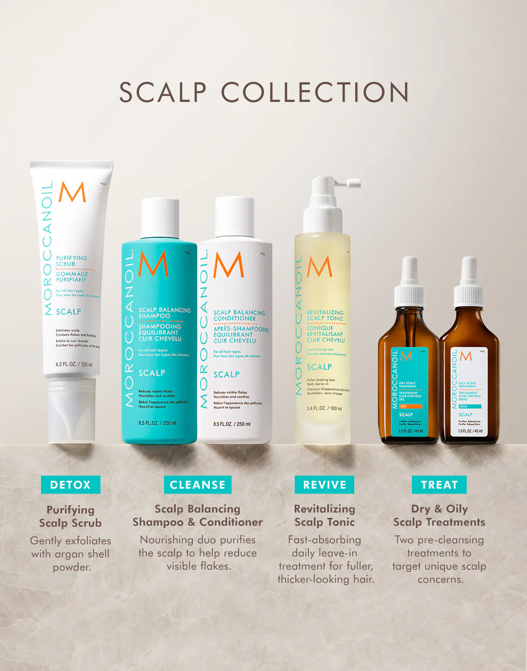 Moroccanoil scalp care product lineup on a neutral background