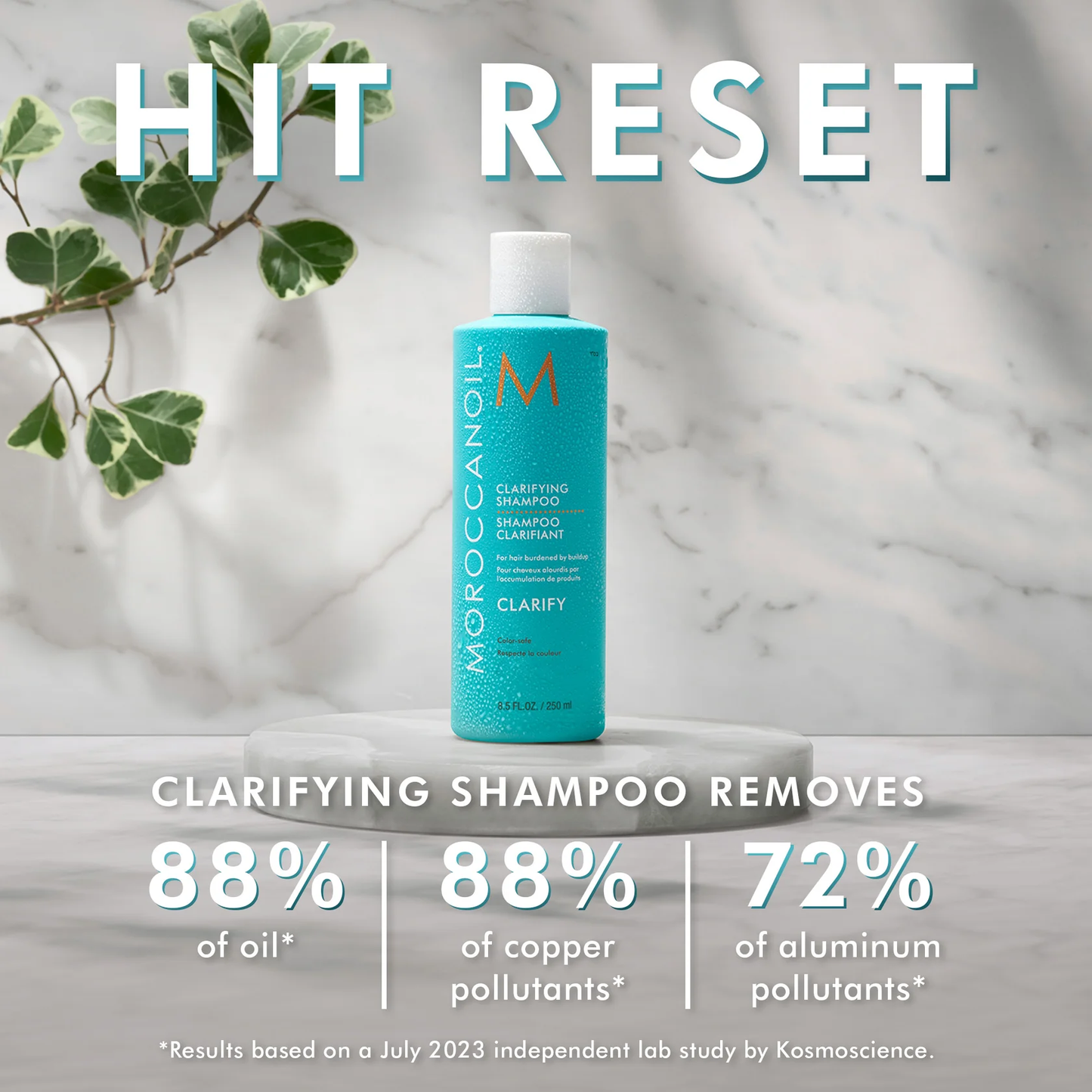 Moroccanoil clarifying shampoo bottle on a marble surface with text about product benefits.