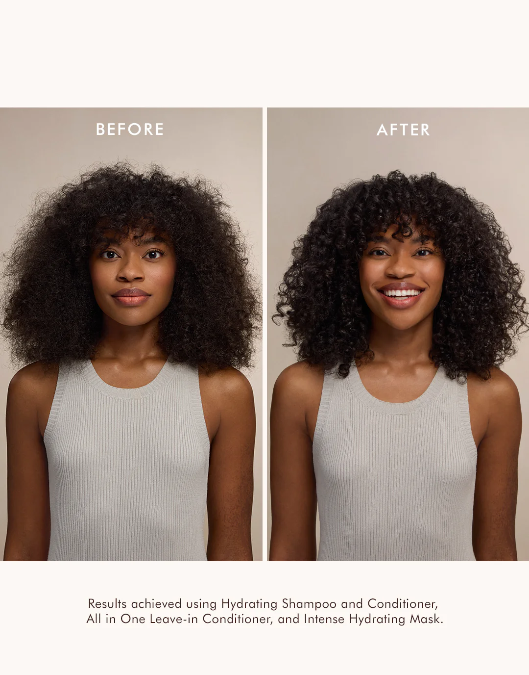 Before and after comparison of a woman's hair with text about product results.