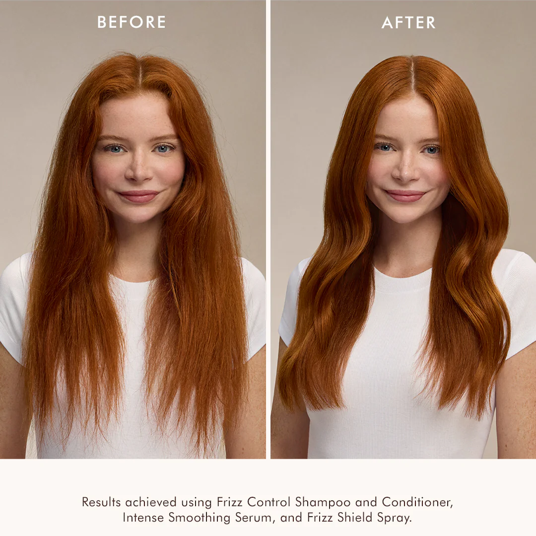 Before and after comparison of hair using Frizz Control Shampoo and Conditioner, Intense Smoothing Serum, and Frizz Shield Spray.