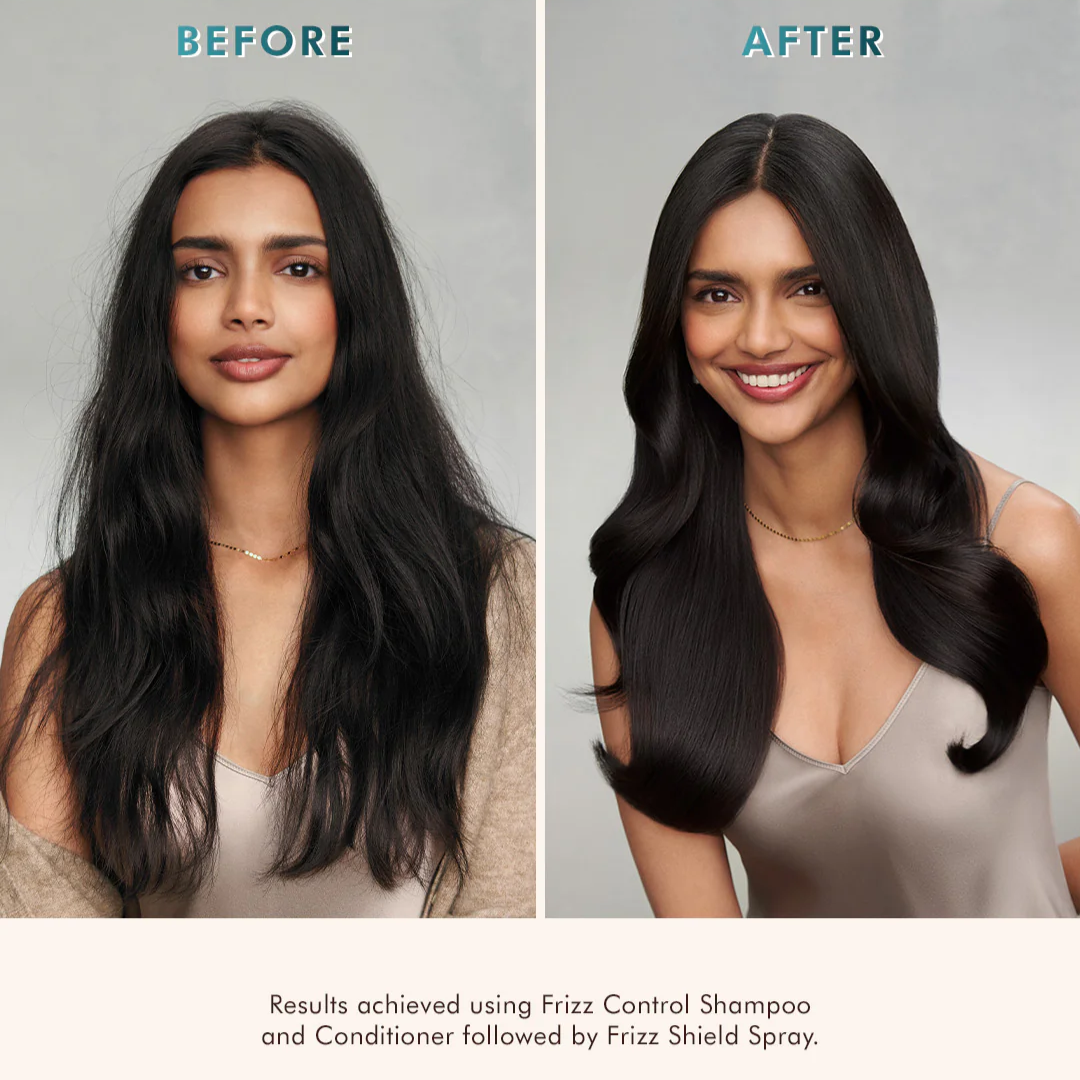 Before and after comparison of hair using Frizz Control Shampoo and Conditioner followed by Frizz Shield Spray.