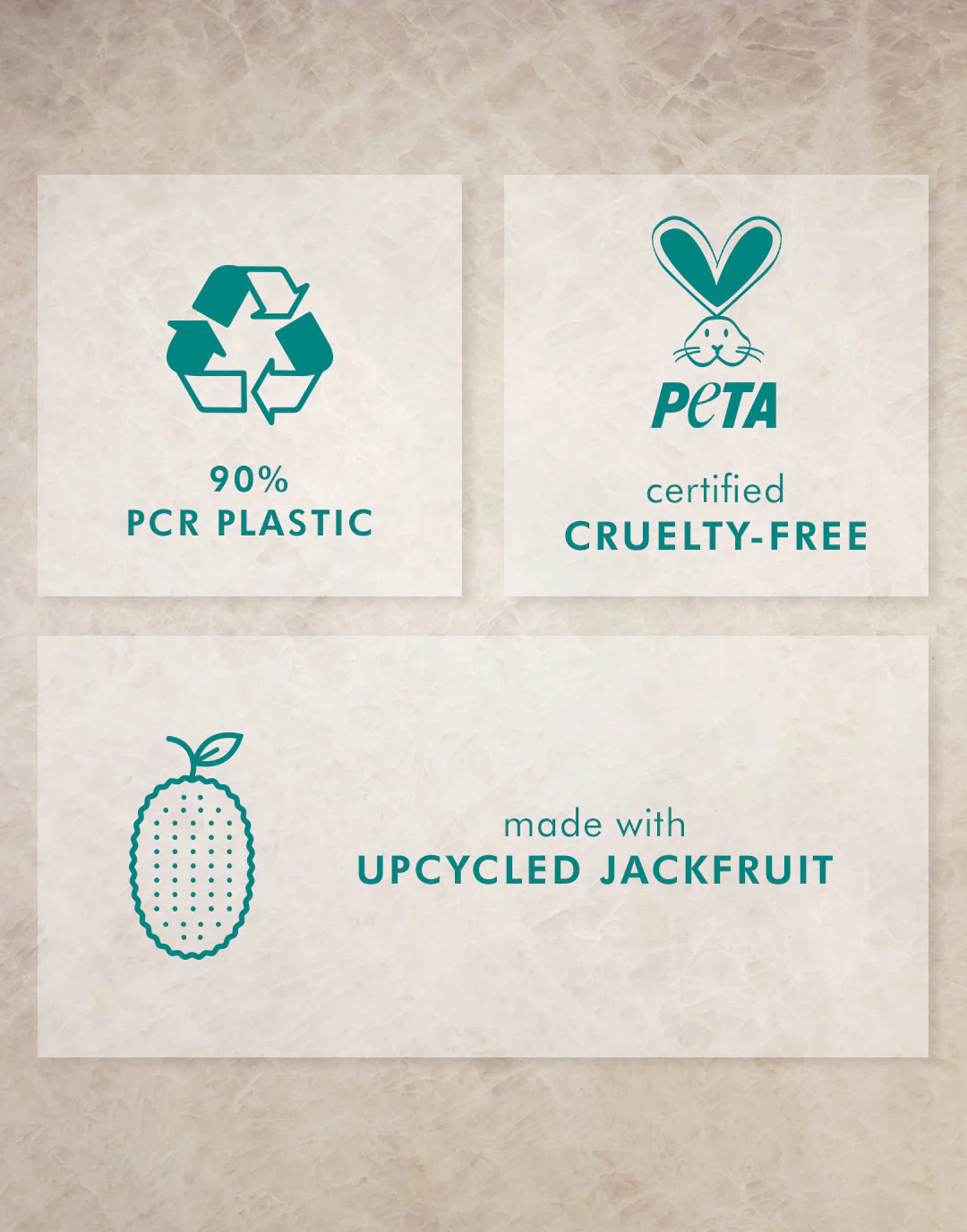 Certification logos for PCR plastic, cruelty-free, and upcycled jackfruit on a textured background.