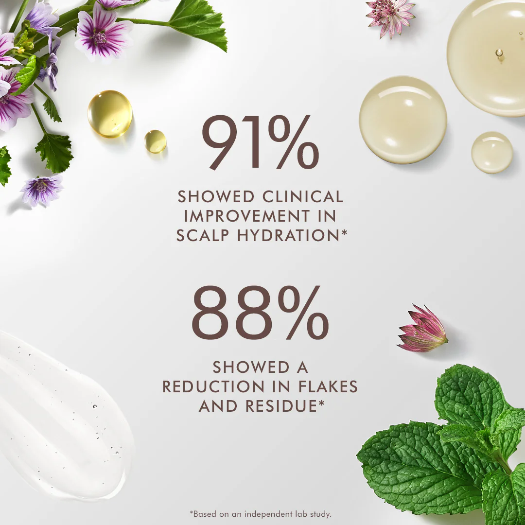 Cosmetic product with botanical elements and clinical improvement statistics on a light background