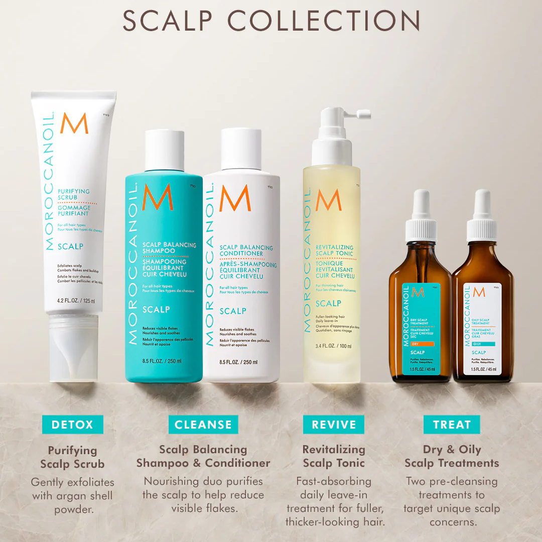 Moroccanoil scalp care product lineup on a neutral background