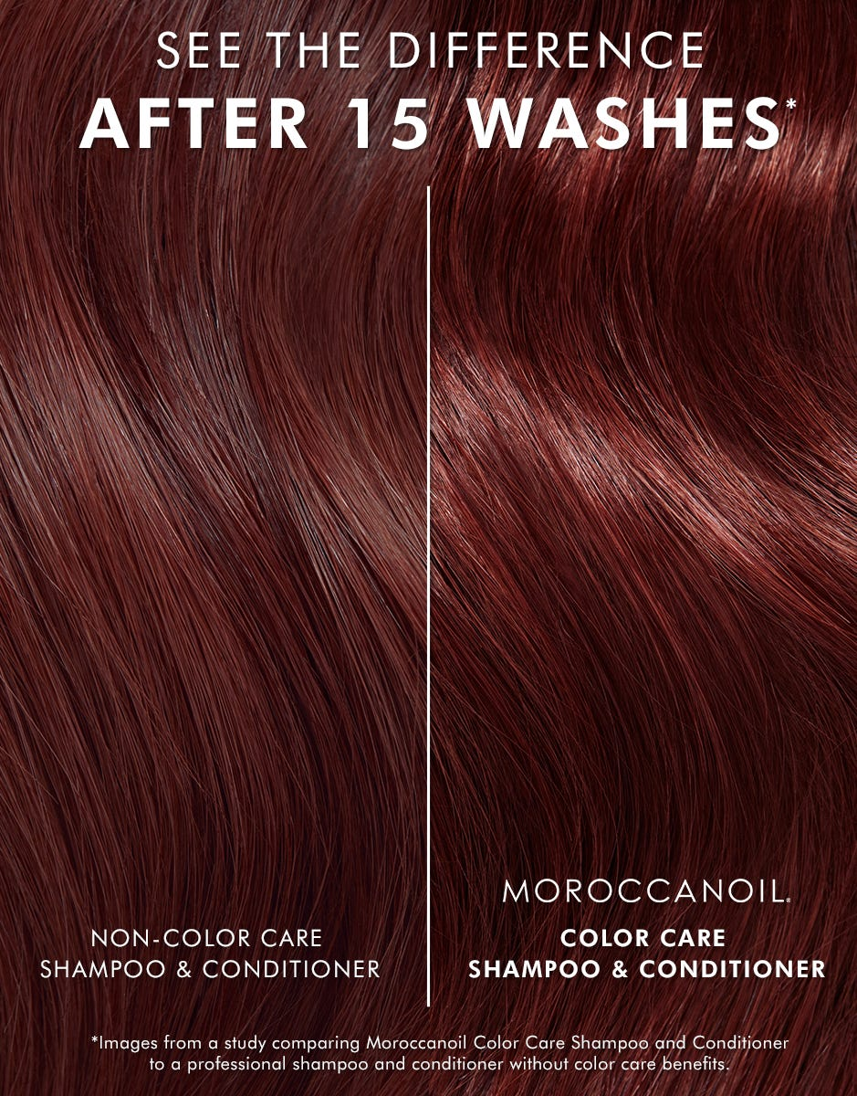 Advertisement for Moroccanoil Color Care Shampoo & Conditioner showing hair difference after 15 washes.