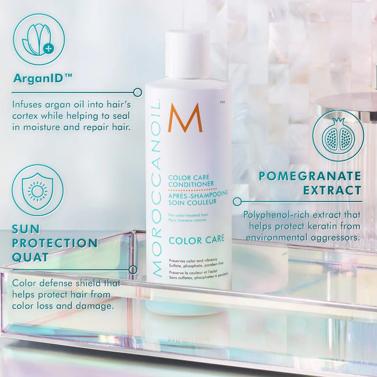 Moroccanoil Color Care conditioner bottle with product features highlighted on a blurred background