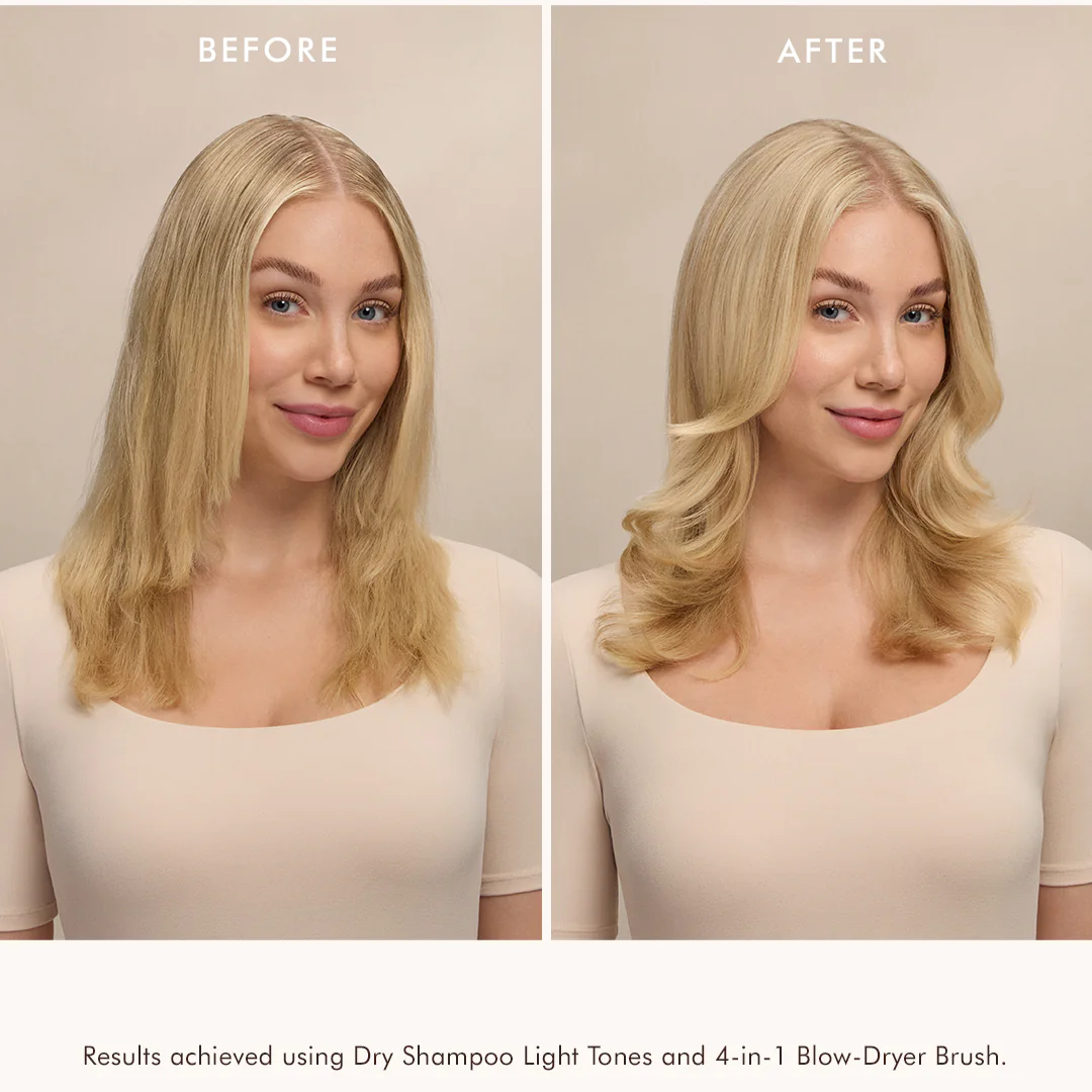 Before and after comparison of a woman's hair using dry shampoo and a blow-dryer brush.