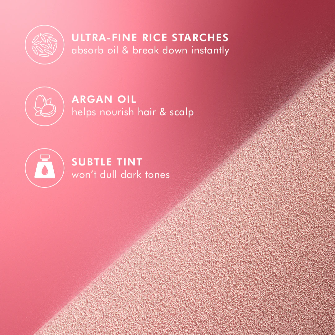 Product packaging with text about ultra-fine rice starches, argan oil, and subtle tint on a pink background.