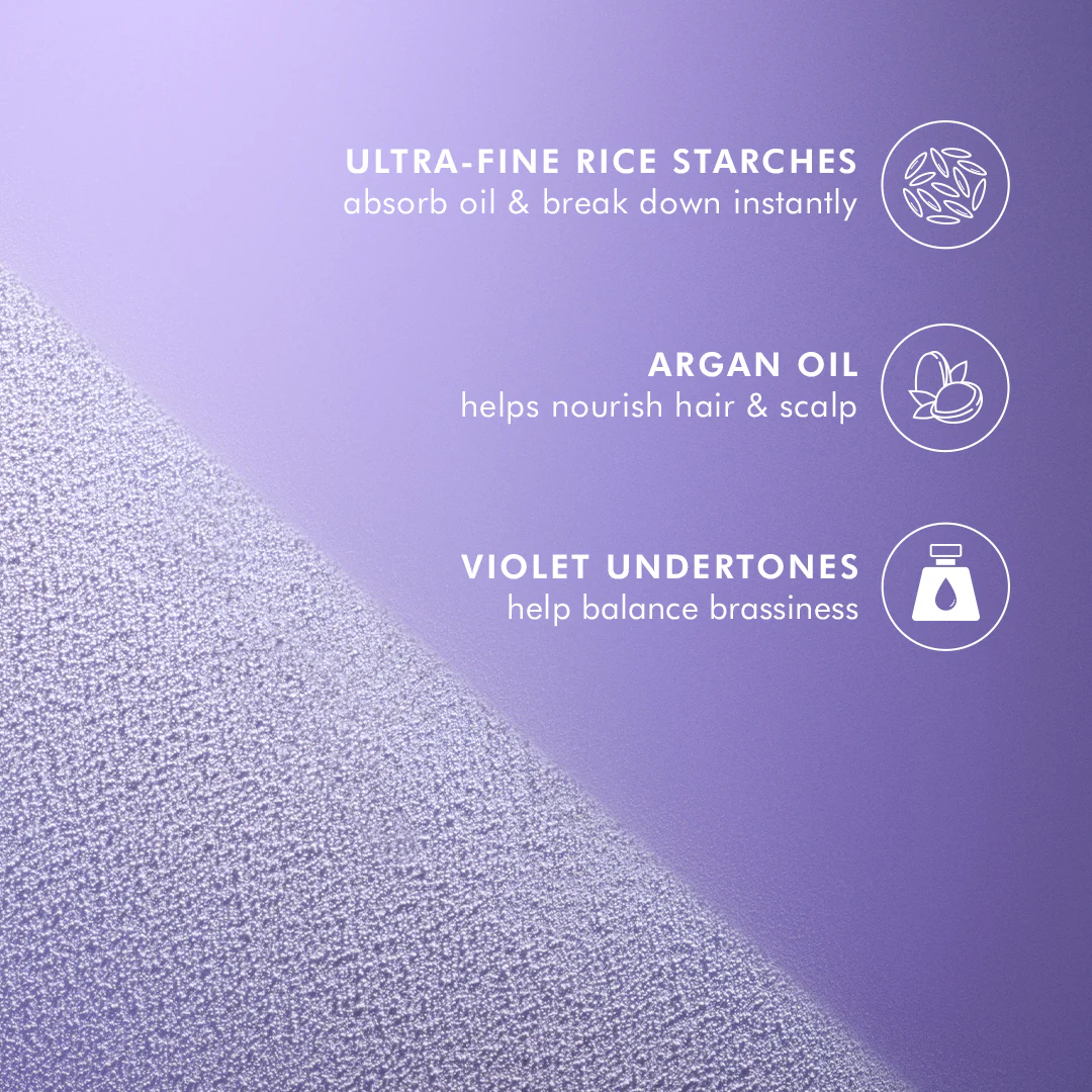 Purple background with text about ultra-fine rice starches, argan oil, and violet undertones.