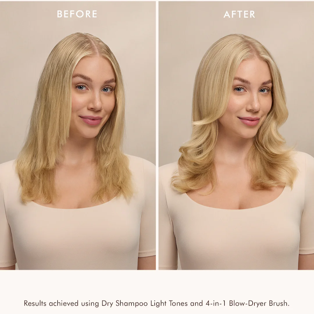 Before and after comparison of a woman's hair using dry shampoo and a blow-dryer brush.