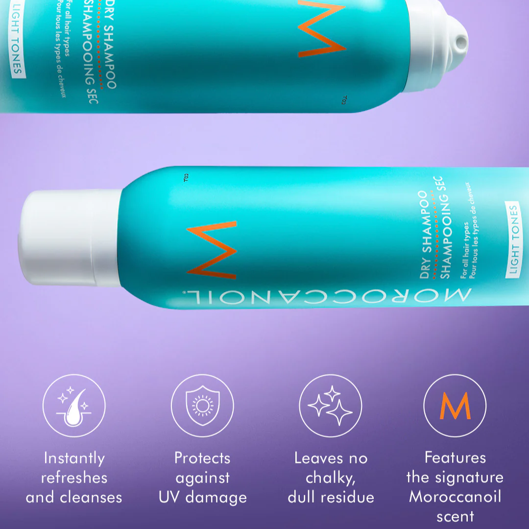 Two bottles of Moroccanoil dry shampoo on a purple background with product features listed.