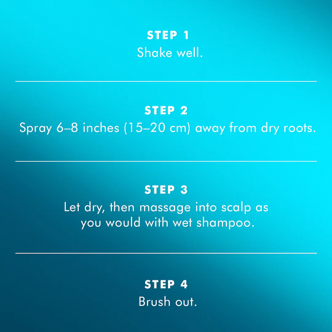 Instructions on how to use dry shampoo on a blue background