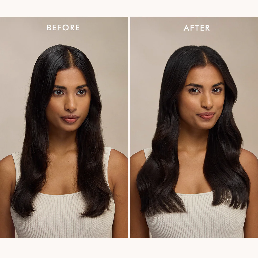 Before and after comparison of a woman with long, dark hair against a beige background.