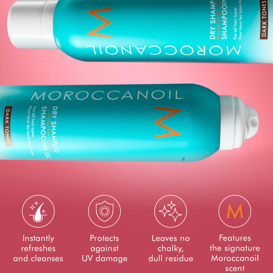 Two bottles of Moroccanoil dry shampoo on a pink background with product features listed.