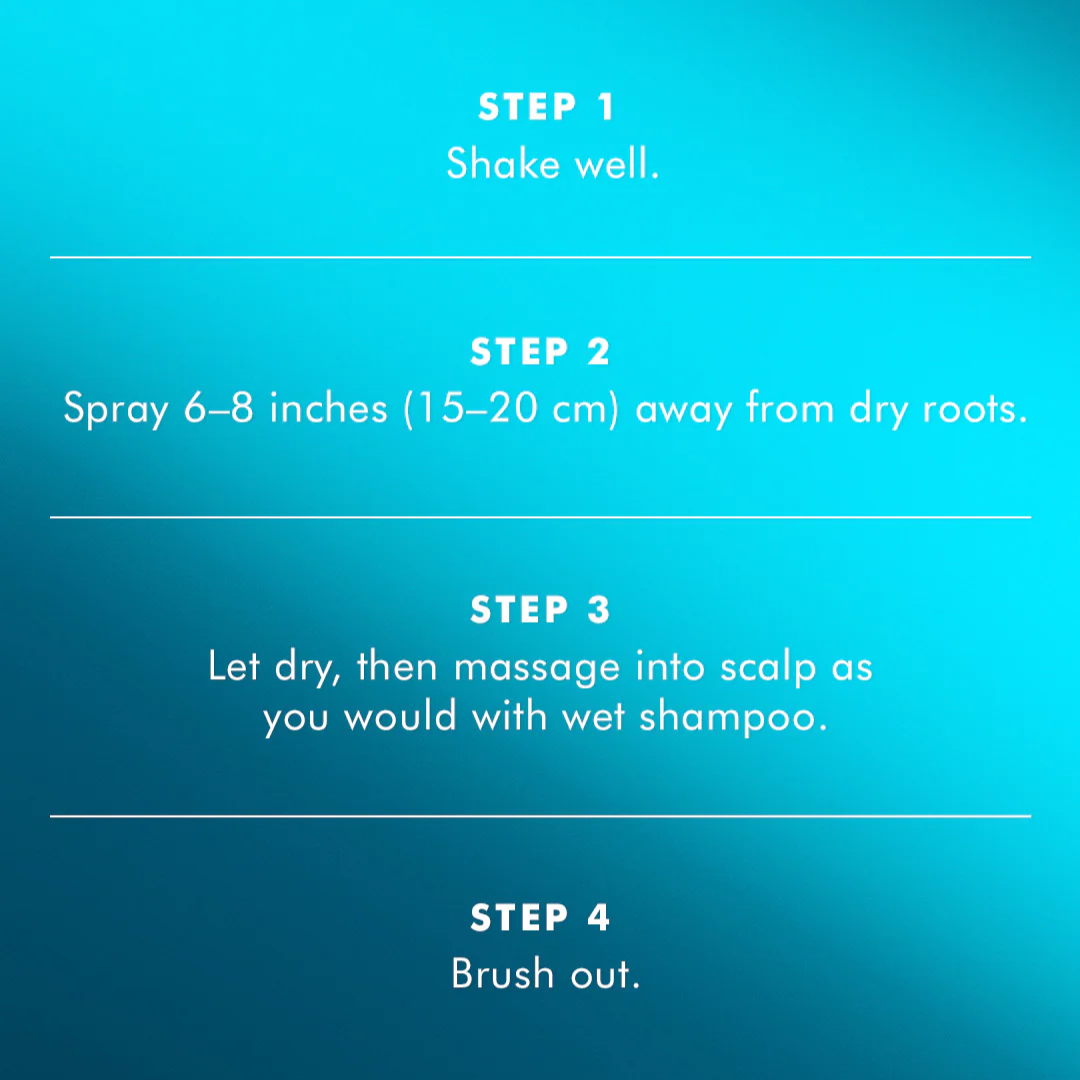 Instructions on how to use dry shampoo with a blue background