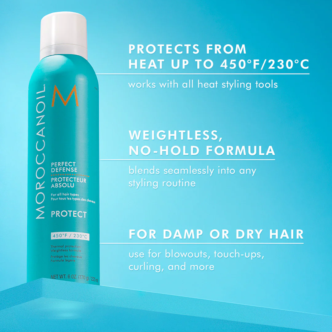 Moroccanoil hair product bottle with text on a blue background