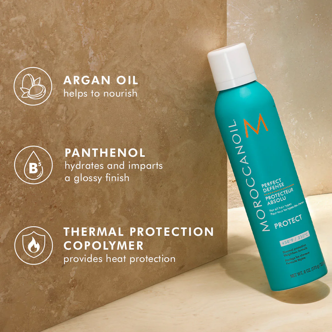 Moroccanoil hair product with ingredients listed on a textured background