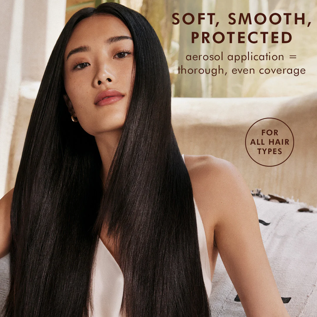 Woman with straight hair sitting on a couch, with text about hair care product application.