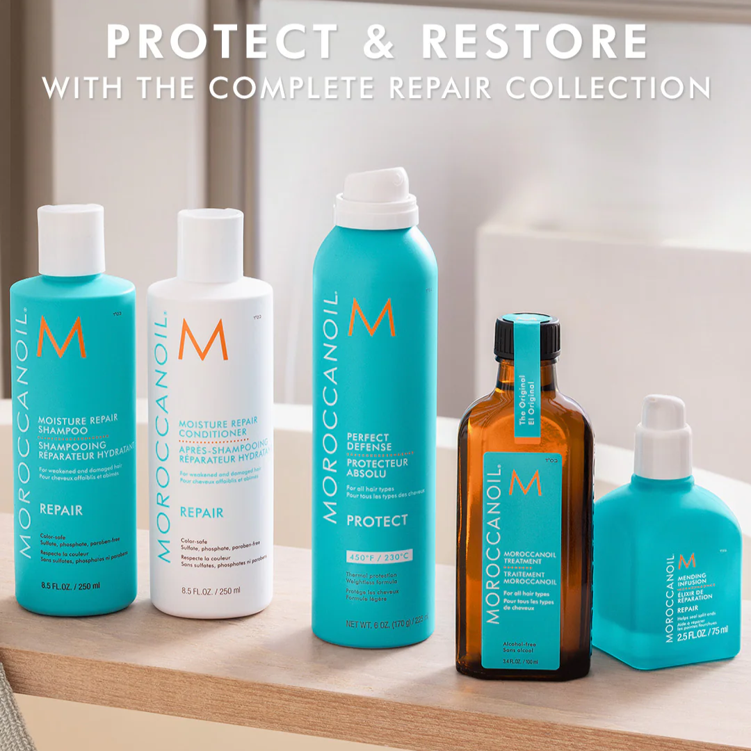 Moroccanoil hair care products on a shelf with text 'Protect & Restore with the Complete Repair Collection'.