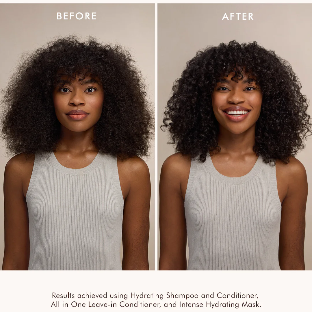 Before and after comparison of a woman's hair with text about product results.