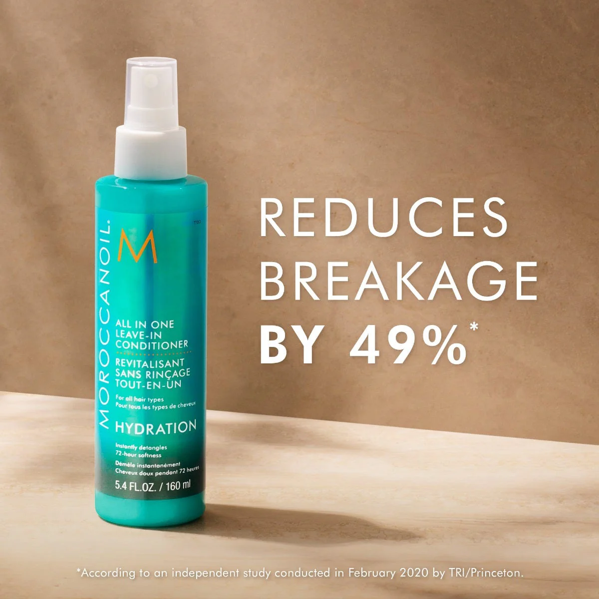 Moroccanoil hair care product bottle with text on a brown background