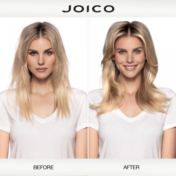 Before and after comparison of a woman's hair with Joico branding.