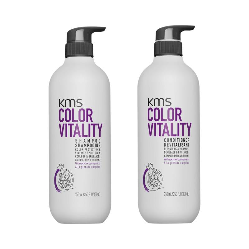 Two KMS Color Vitality shampoo and conditioner 25.3oz bottles on a white background