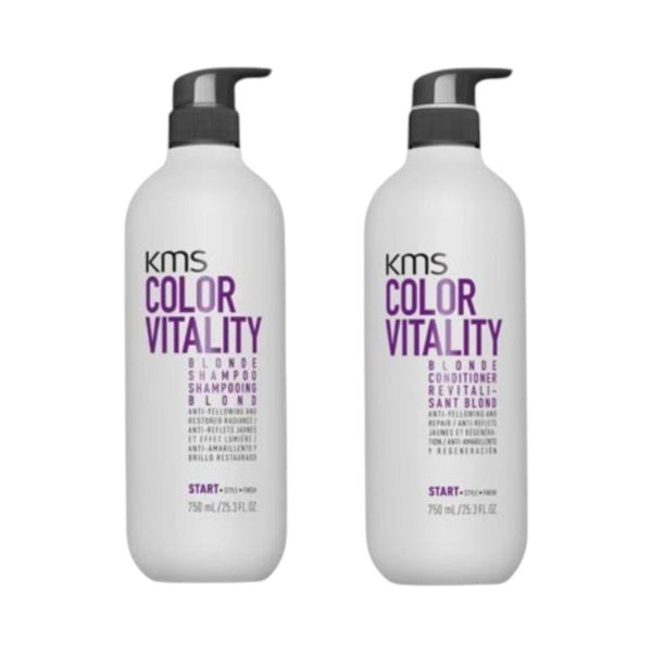 Two KMS Color Vitality shampoo and conditioner 25.3oz bottles on a white background
