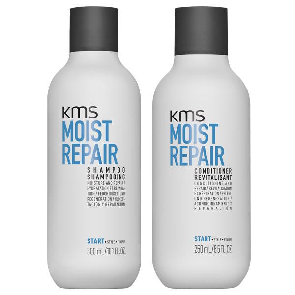 Two KMS Moist Repair shampoo and conditioner bottles on a white background