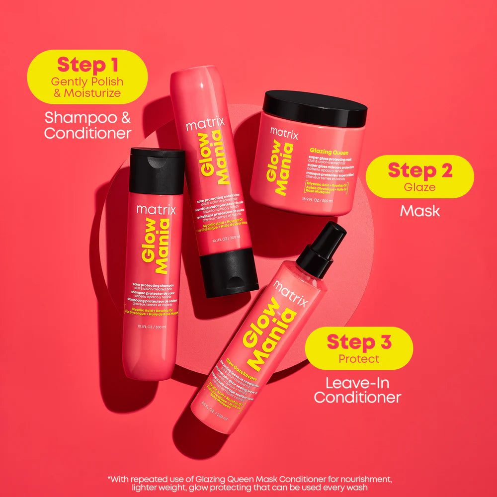 Matrix Glow Mania hair care products on a pink background with step-by-step instructions.