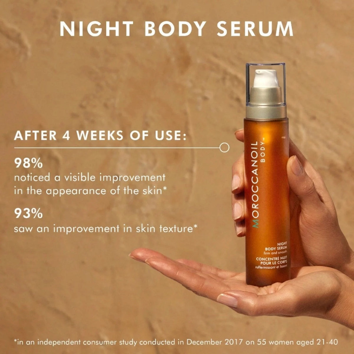 Moroccanoil night body serum bottle held in a hand with usage benefits text on a beige background