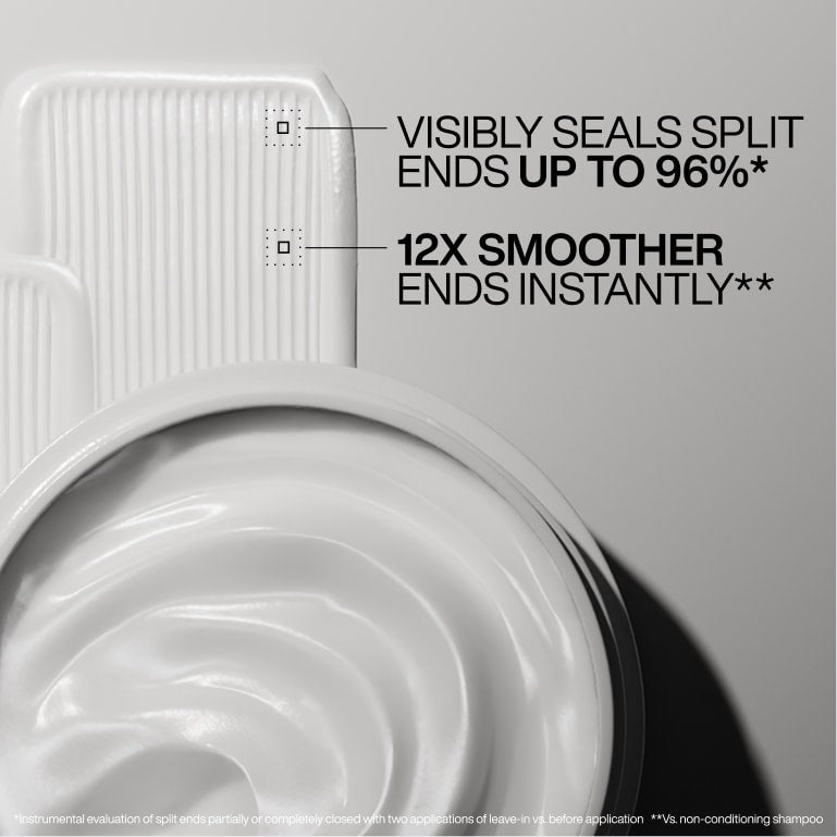 Close-up of a hair product with text highlighting its benefits on a gray background