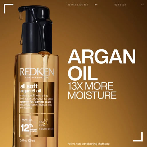 Redken Argan Oil bottle on a brown background with text highlighting moisture benefits.