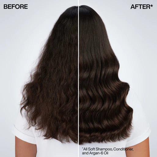 Before and after comparison of hair with 'All Soft Shampoo, Conditioner, and Argan-6 Oil' on a white background.