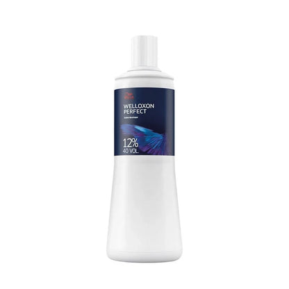 A white bottle of Welloxon Perfect 12% 40 Vol hair developer with a dark navy blue label, shown on a solid white background.