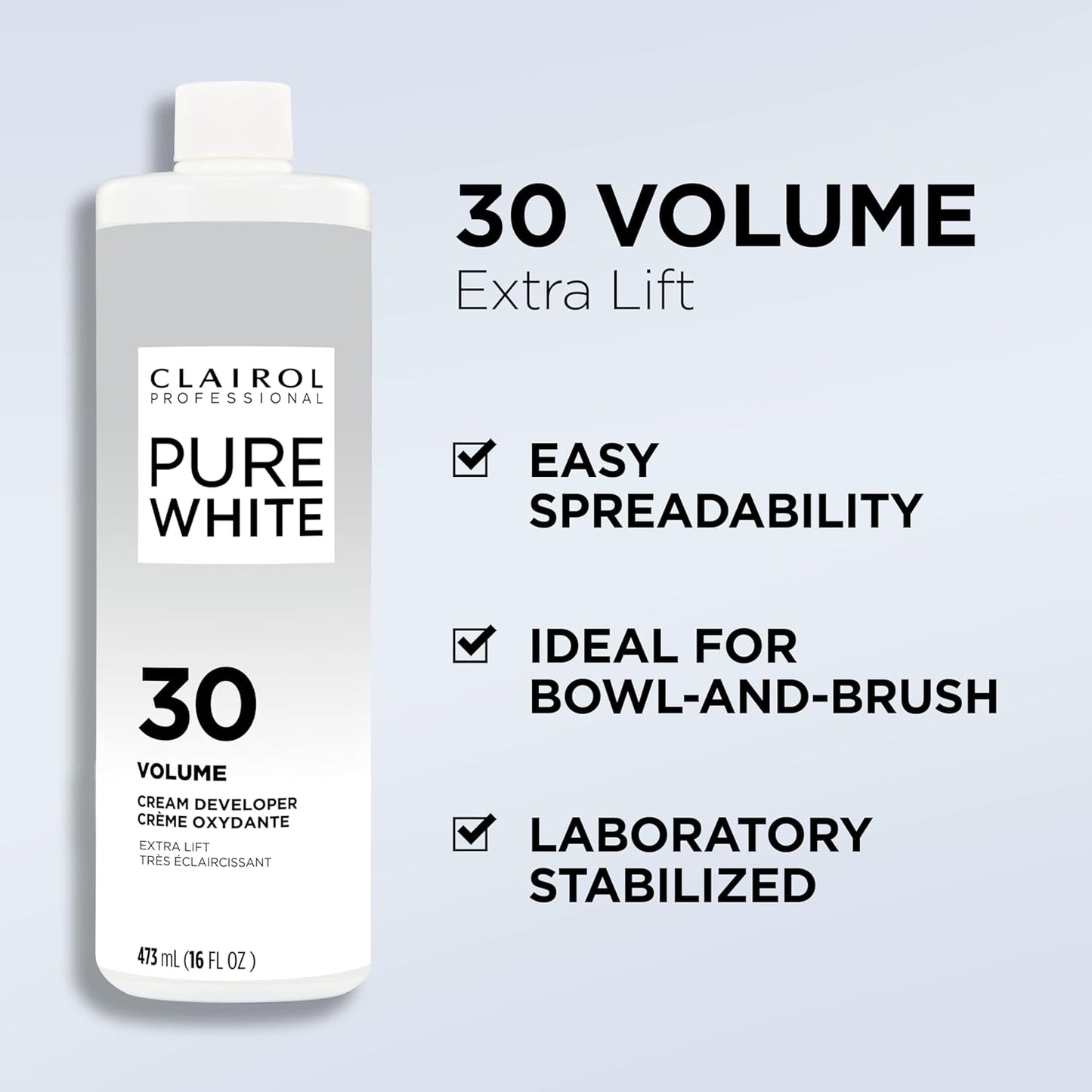 Clairol Pure White 30 Volume cream developer bottle with features listed on a light gray background