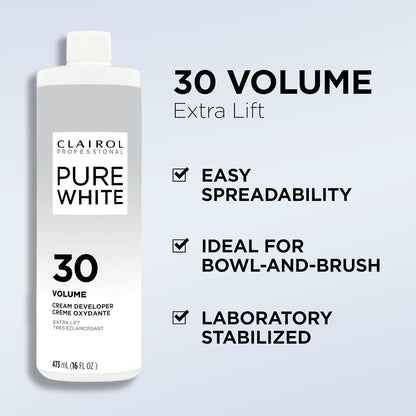 Clairol Pure White 30 Volume cream developer bottle with features listed on a light gray background