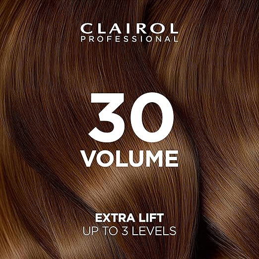 Clairol Professional hair product with brown hair strands and text highlighting volume and lift.