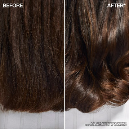 Before and after comparison of hair treatment showing improved texture and volume.